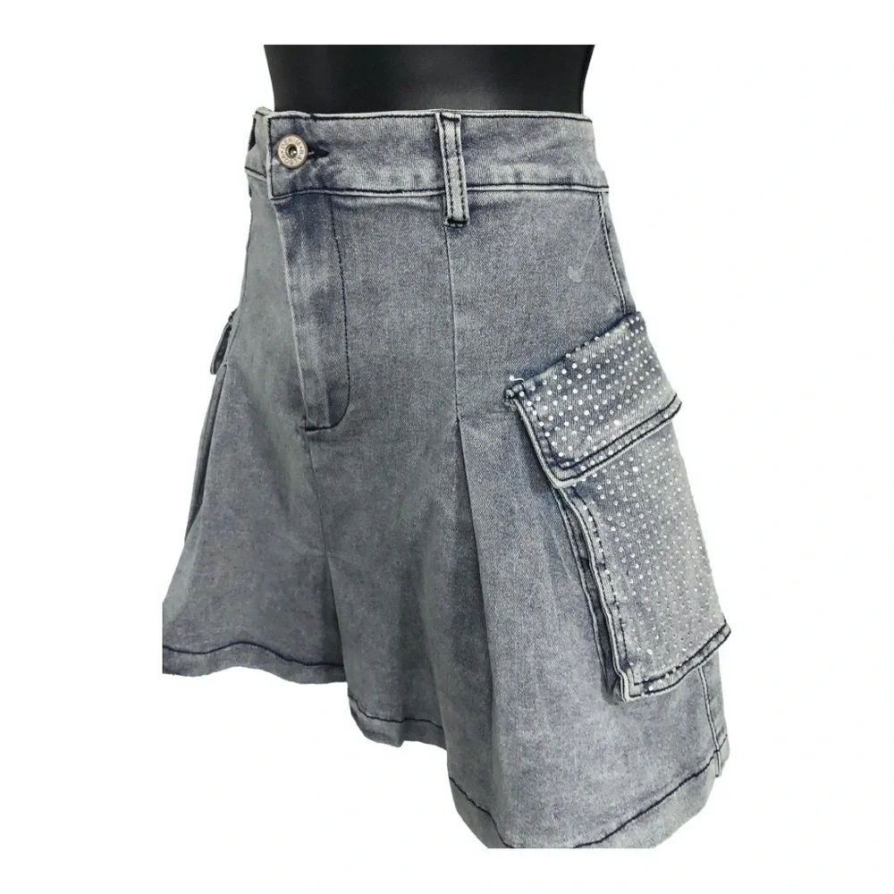 A-line crystal embellished rhinestone utility cargo style mini denim jeans skirt